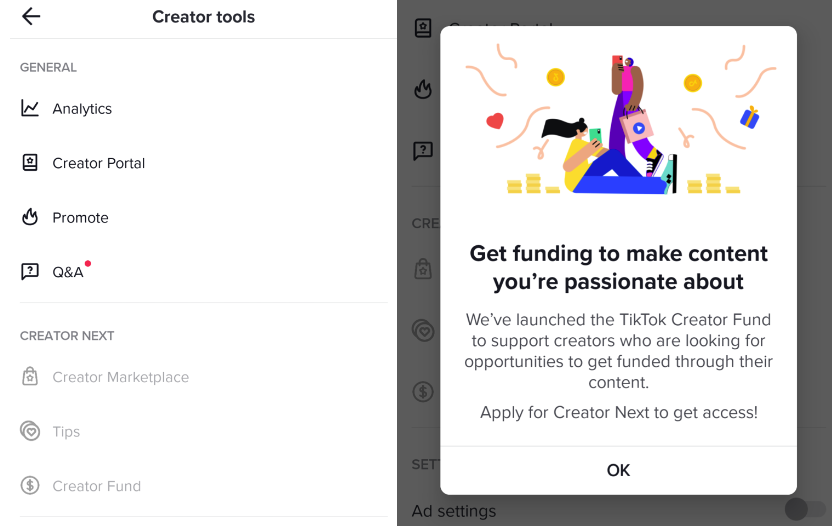 Screenshot of TikTok Creator Tools interface showing Creator Fund options and Monetization Eligibility prompt