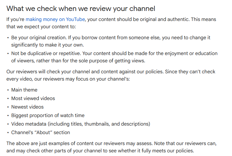 Screenshot of YouTube platform requirements - What we check when we review your channel