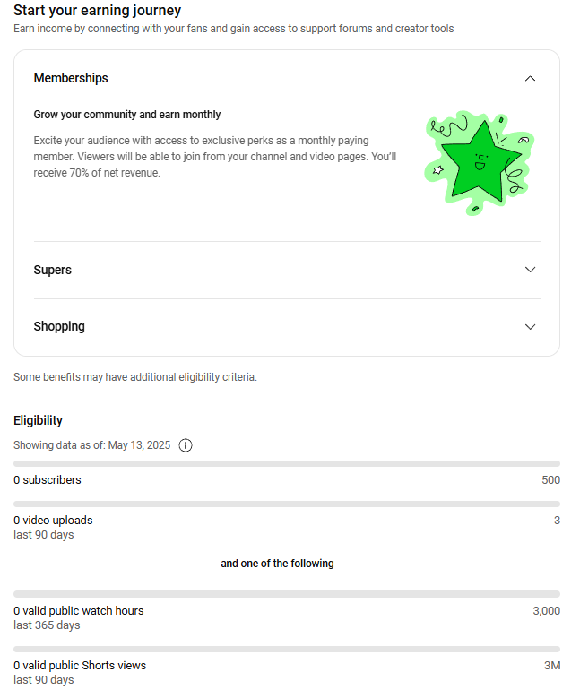 YouTube Studio Monetization tab displaying eligibility progress for memberships and monetization requirements