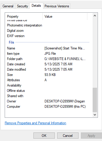Windows file properties showing embedded EXIF metadata for a JPG image, including file path and creation date.