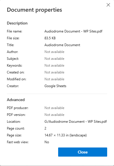 PDF document properties panel displaying metadata fields such as title, creator, file size, and page count.
