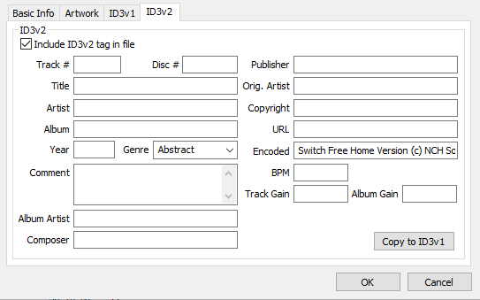 Winamp ID3v2 tag editor interface showing editable metadata fields for an MP3 file including title, artist, genre, and URL.