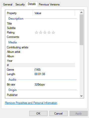 Windows file properties for an MP3 file showing ID3 tag metadata like album, bitrate, year, genre, and contributing artist.