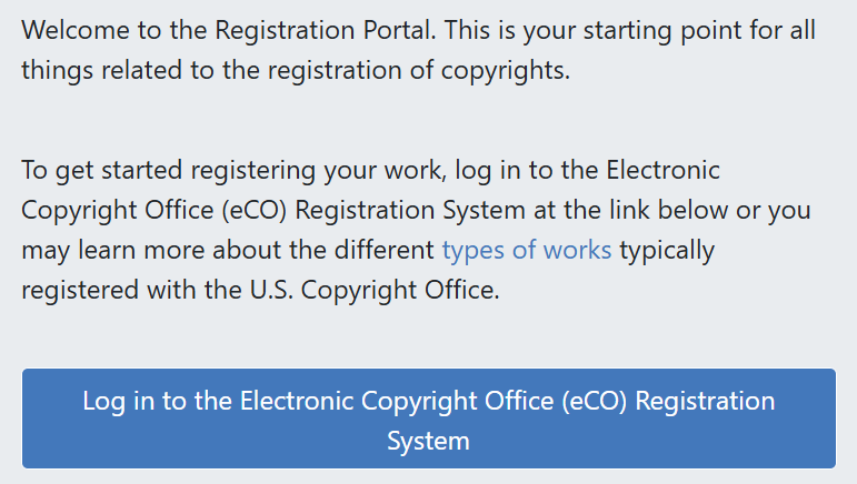 Screenshot of the U.S. Copyright Office registration portal with a blue button labeled 'Log in to the Electronic Copyright Office (eCO) Registration System'