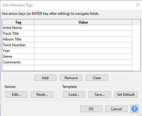 Screenshot Edit Metadata Tags window during export audio