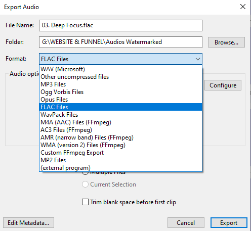 Export audio dialog showing FLAC selected as the file format in Audacity