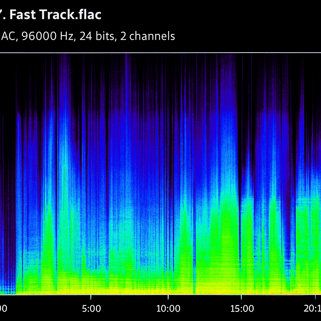 Spectrogram of a FLAC file displaying full frequency range at 96kHz and 24-bit resolution