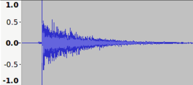 Close-up view of an exponential fade-in applied to a mono audio waveform, starting abruptly and rising gradually.