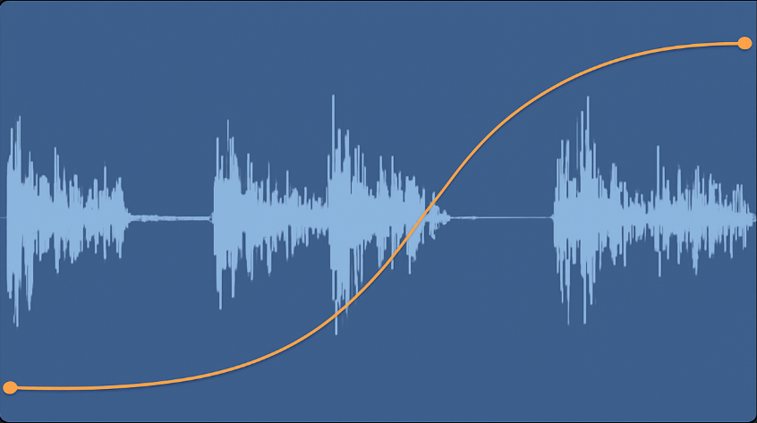 Digital audio workstation displaying an audio clip with an orange S-curve automation line applied to the volume envelope.