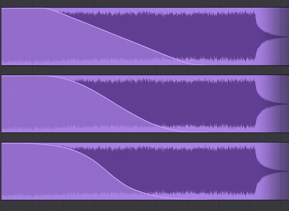 Three stacked audio waveforms showing linear, exponential, and S-curve fade-outs applied in a digital audio workstation.