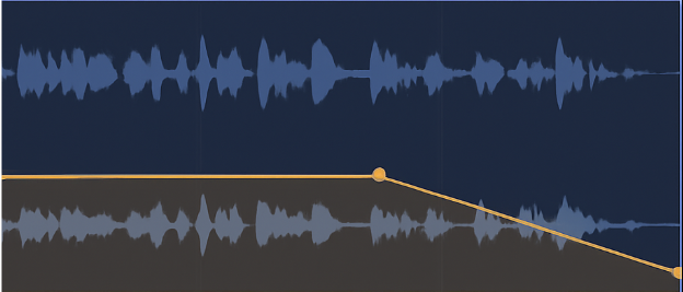 A volume automation lane in a DAW showing a downward-sloping automation curve applied to a voice waveform for a manual fade-out.
