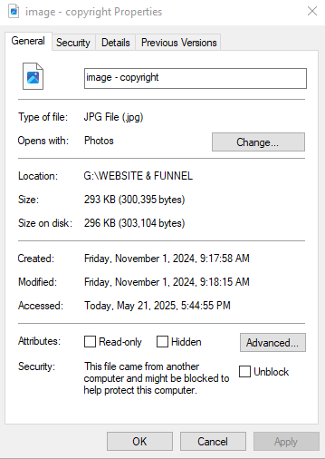 File Format properties window for JPG image showing size, location, and date information
