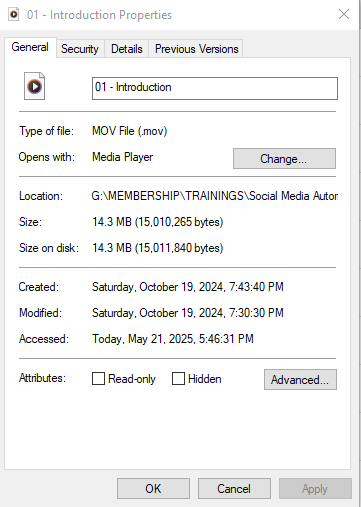 File Format details for a MOV video file including size, creation date, and media player association