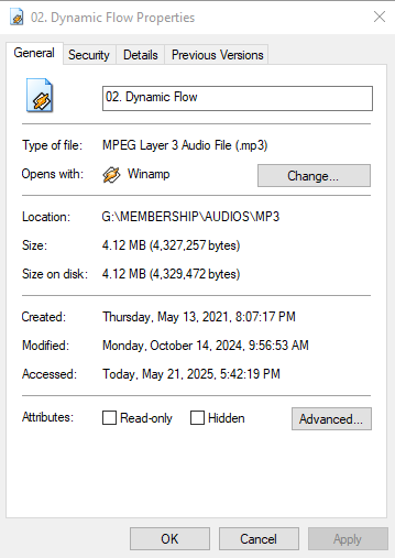 File Format information for MP3 audio file displaying size, path, and associated playback software