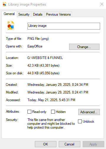 File Format info window for PNG image showing file type, size, and software used to open it