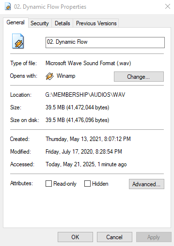 File Format properties of WAV audio file showing uncompressed size and file metadata