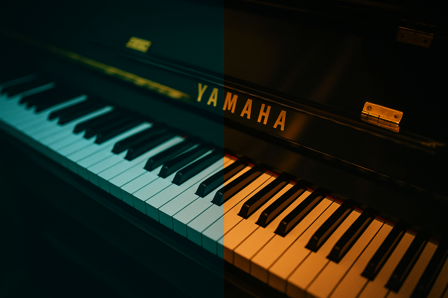 Side-by-side comparison of a piano scene with and without a cinematic LUT video filter applied