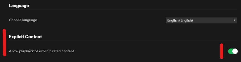 Spotify settings screen showing the option to allow playback of explicit-rated audio content enabled