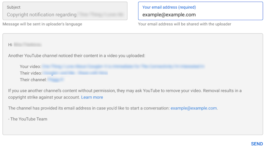YouTube copyright notification email displaying a strike warning for using another creator’s content without permission