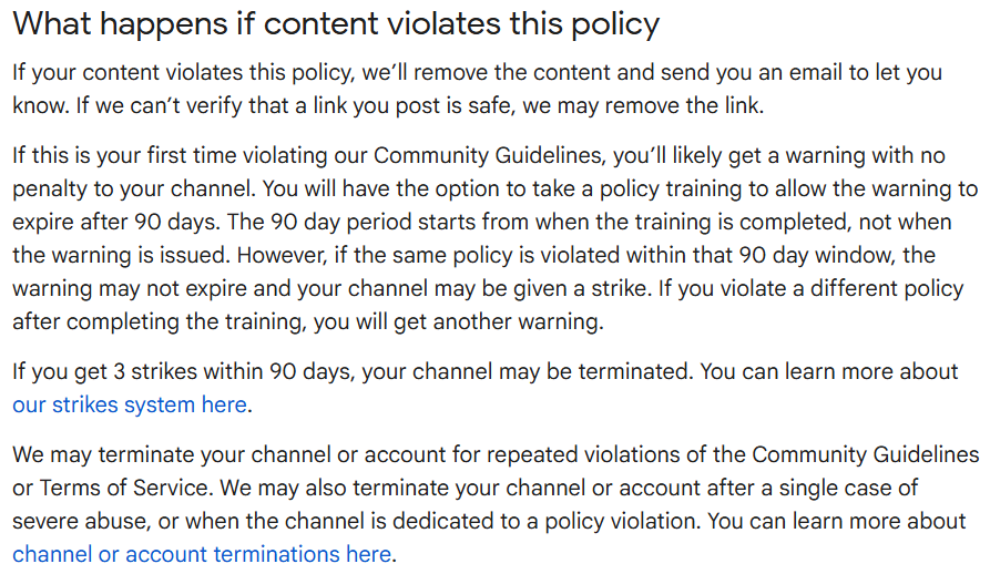 YouTube support page explaining strike policy, warning system, and channel termination after repeated violations