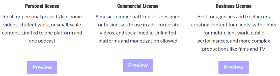 Comparison of Personal, Commercial, and Business music licenses from Audiodrome, showing usage limits and rights