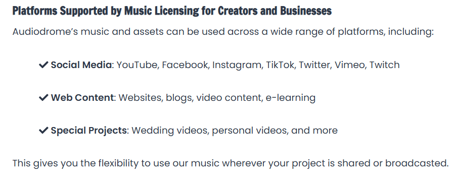 List of supported platforms for Audiodrome music licensing, including YouTube, TikTok, blogs, and personal videos
