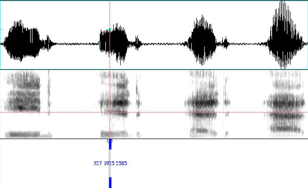 Spectrogram showing waveform, frequency distribution, and formant tracking values (F1, F2, F3) marked as 327, 1925, and 2585 Hz.