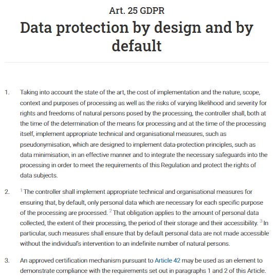 Screenshot of GDPR Article 25 emphasizing privacy by design and default settings