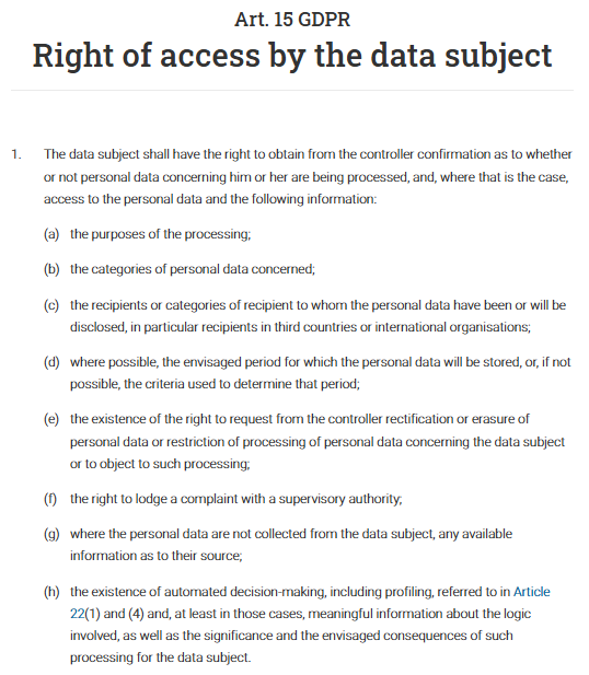 Screenshot of GDPR Article 15 outlining the data subject’s right to access personal information