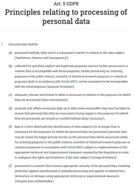 Screenshot from GDPR official website showing Article 6 – Lawfulness of Processing