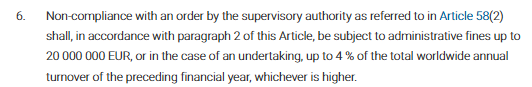 Screenshot of GDPR Article 83 listing administrative fines of up to €20 million or 4% of turnover