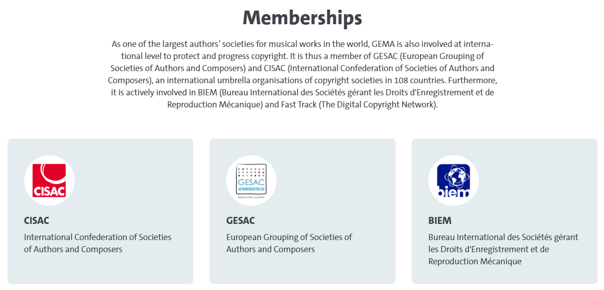 Screenshot of Strategic Partnerships with other major rights organizations like SACEM in France, PRS in the UK, and ASCAP or BMI in the United States