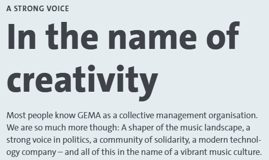 Screenshot of GEMA statement highlighting its role as a cultural, political, and technological force beyond licensing