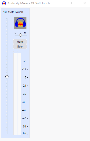 Audacity mixer panel displaying track gain slider set above -18 dB, with visible dB scale from -60 to 0