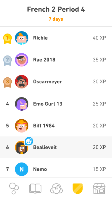 Duolingo leaderboard showing user rankings based on XP earned, illustrating gamified progress and social comparison