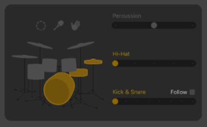 GarageBand’s Drummer interface showing customizable kick, snare, and hi-hat patterns with follow options.