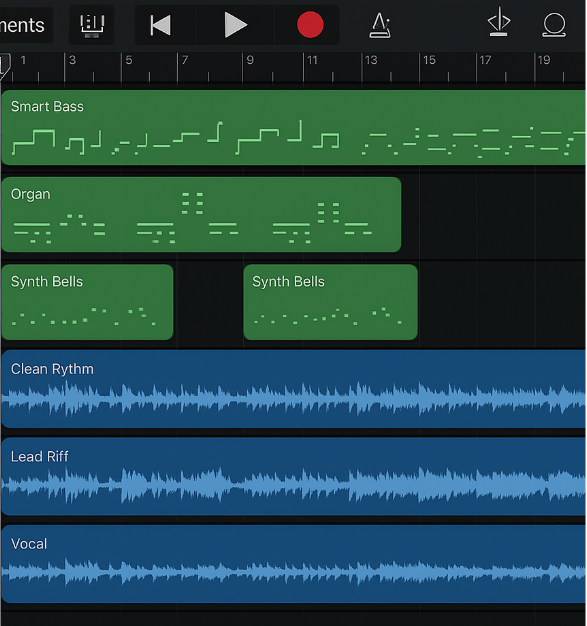 GarageBand project with multiple instrument tracks, plugin controls, and velocity sensitivity settings visible.