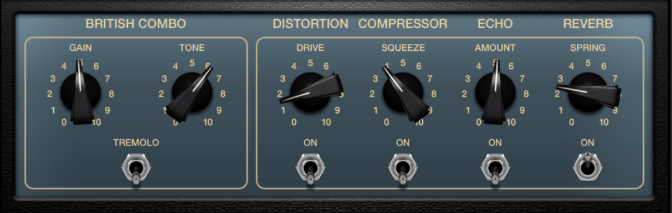 Amp simulator in GarageBand showing controls for gain, tone, distortion, compression, echo, and reverb.