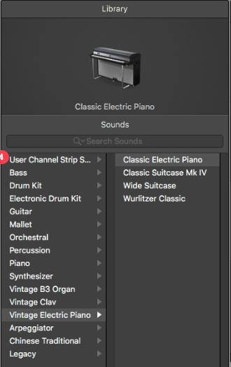 GarageBand instrument library open to the Classic Electric Piano section, listing various electric piano presets.