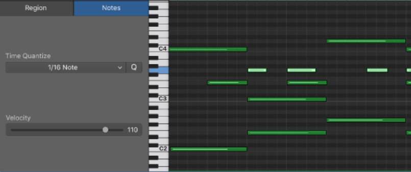MIDI piano roll in GarageBand showing note positions, velocity settings, and quantization options.
