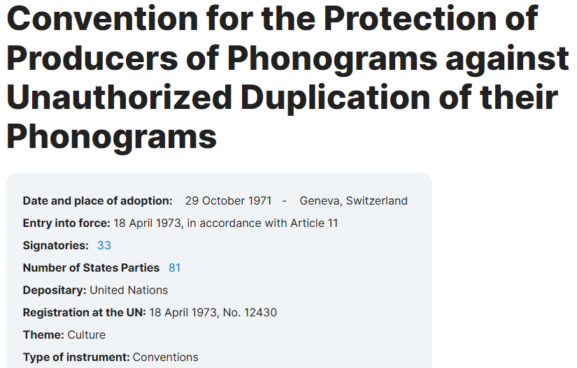 The section of Geneva Convention showing the full title of the treaty, date of adoption (29 October 1971), place (Geneva, Switzerland), and entry into force (18 April 1973).