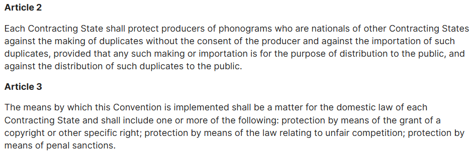 The provisions of Geneva Convention stating that each Contracting State must protect against unauthorized duplication, import, and distribution - and how enforcement can be done via copyright, unfair competition, or penal law.