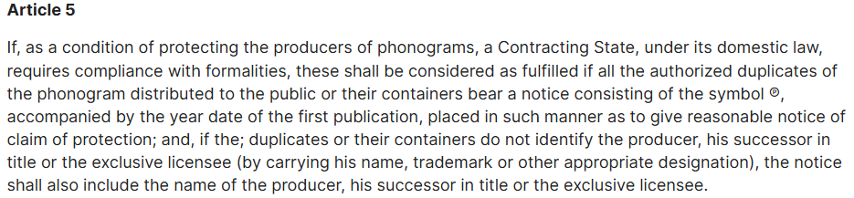 Geneva Convention - the official description of the ℗ symbol requirement - where it should appear, what information must accompany it, and how it relates to formalities.