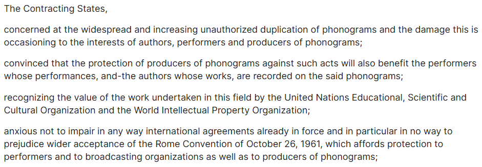 The opening lines of Geneva Convention where the treaty expresses concern about the unauthorized duplication of phonograms and its harm to authors, performers, and producers.