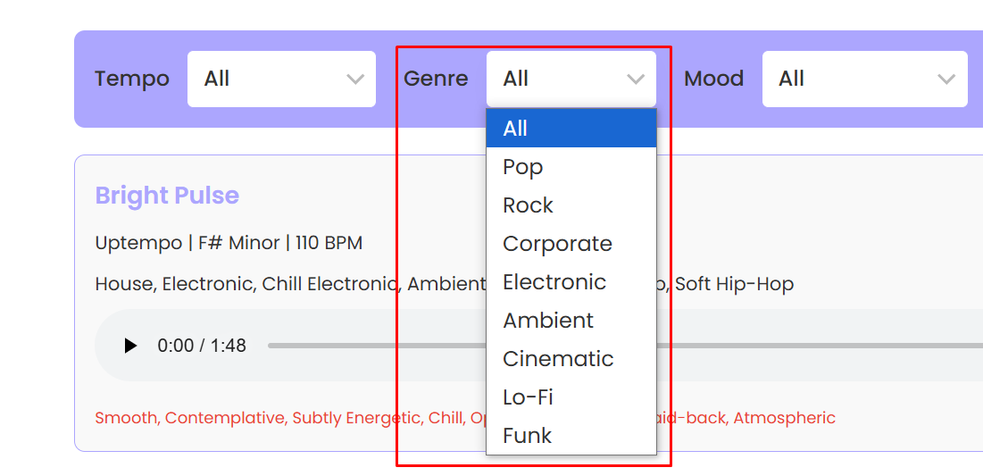 Music search interface showing genre filter dropdown with options like Pop, Rock, Ambient, Cinematic, and Lo-Fi