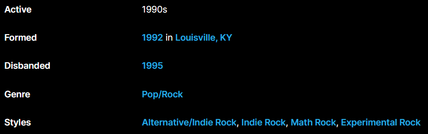 Genre and style metadata for a 1990s band on AllMusic, showing Pop/Rock genre and substyles like Indie Rock and Math Rock