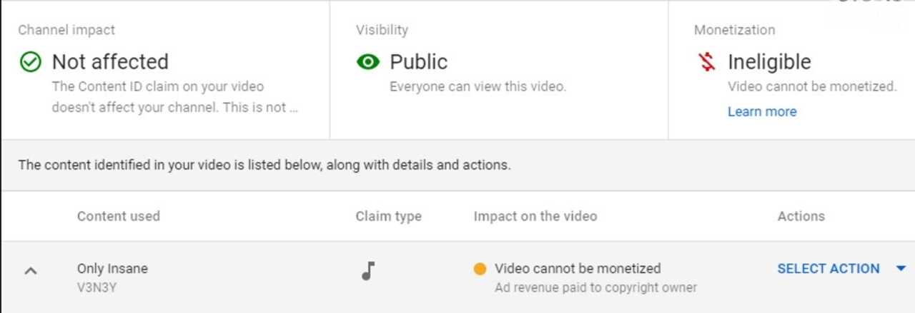 YouTube Content ID screen showing music claim type and monetization restrictions