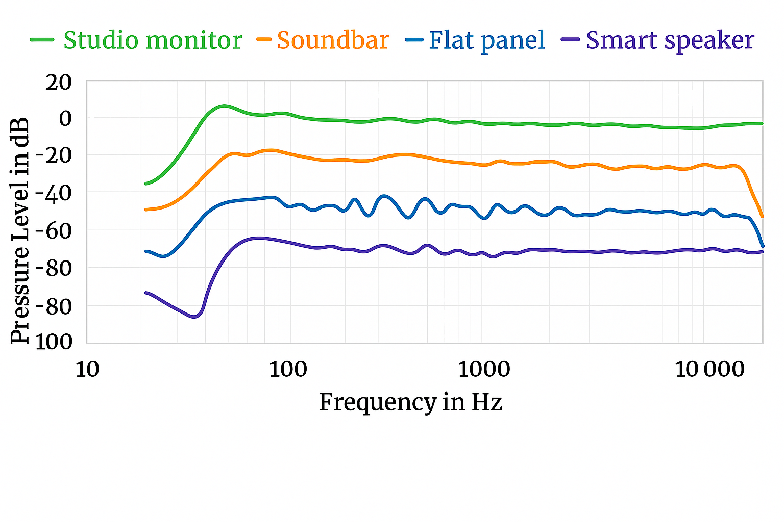 Line graph comparing the Hertz frequency response of studio monitors, soundbars, flat panels, and smart speakers