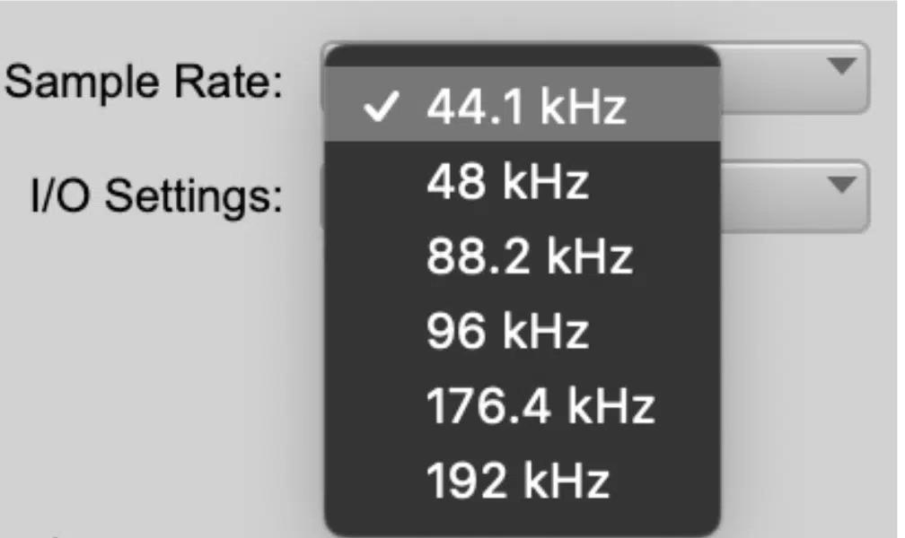 Dropdown menu screenshot showing different audio sample rates in kilohertz: 44.1, 48, 96, and 192 kHz