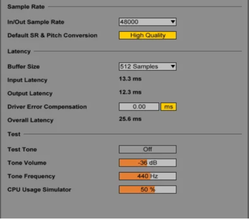Ableton Live audio settings panel showing 48kHz sample rate, 512 sample buffer size, and latency details